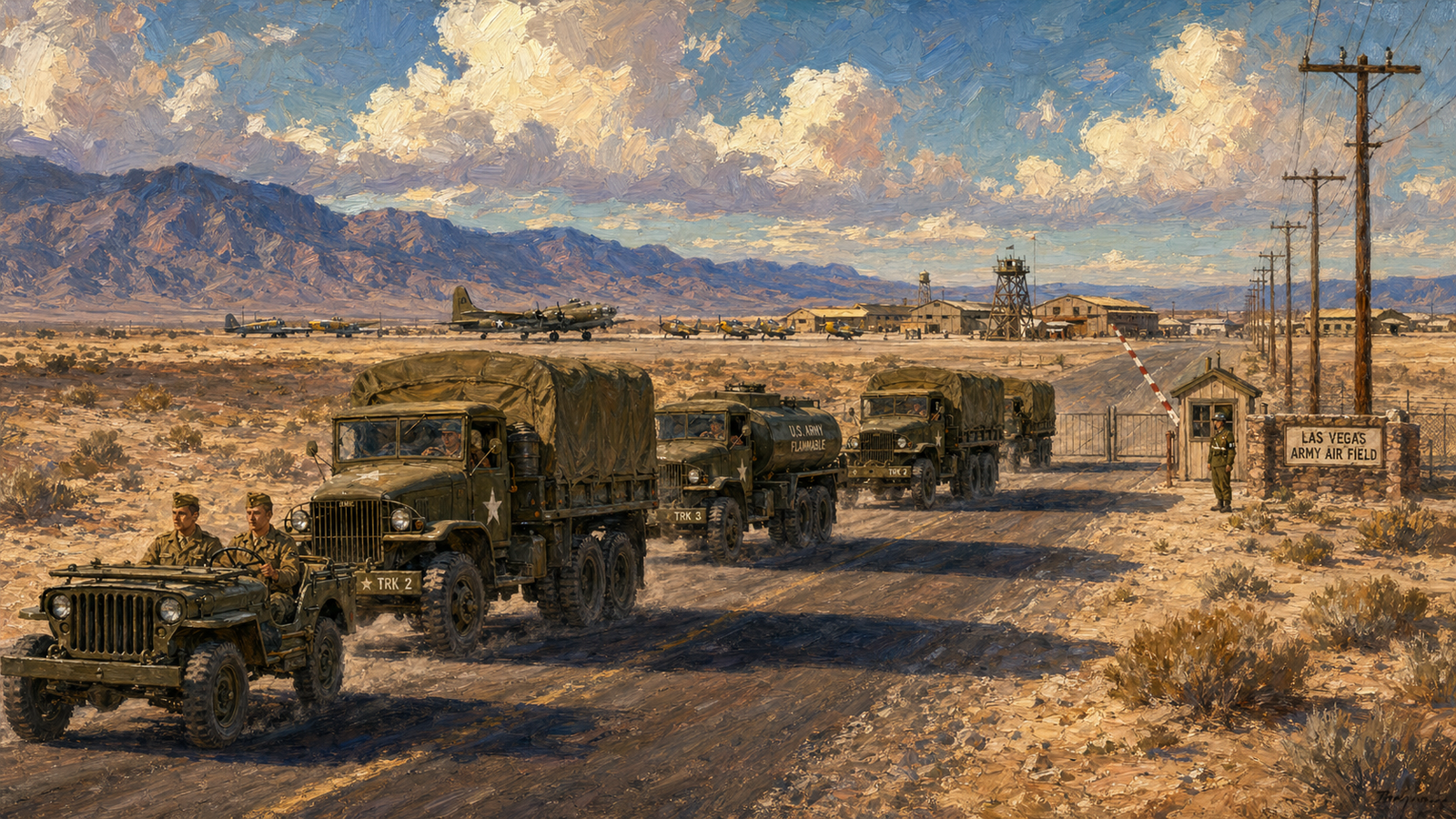 Oil painting of an Army convoy on US 91 arriving at the gate of Las Vegas Army Air Field in 1944. A jeep leads three GMC cargo trucks and a fuel tanker toward the gate, with the airfield, hangars, control tower, and parked aircraft visible in the middle d