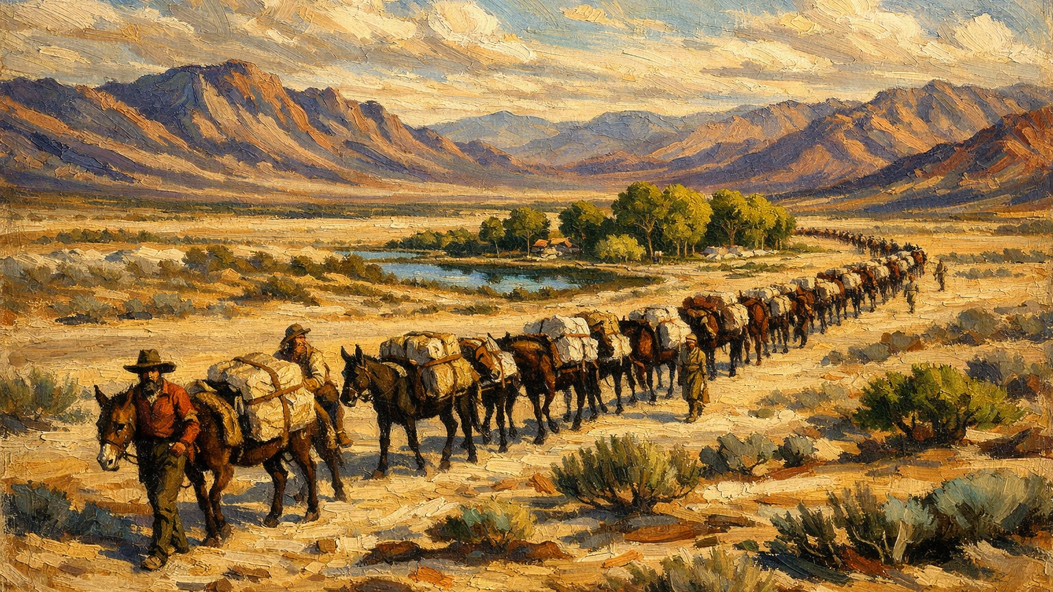 Early nineteenth-century mule caravan of the Old Spanish Trail crossing the Mojave Desert near Las Vegas Springs