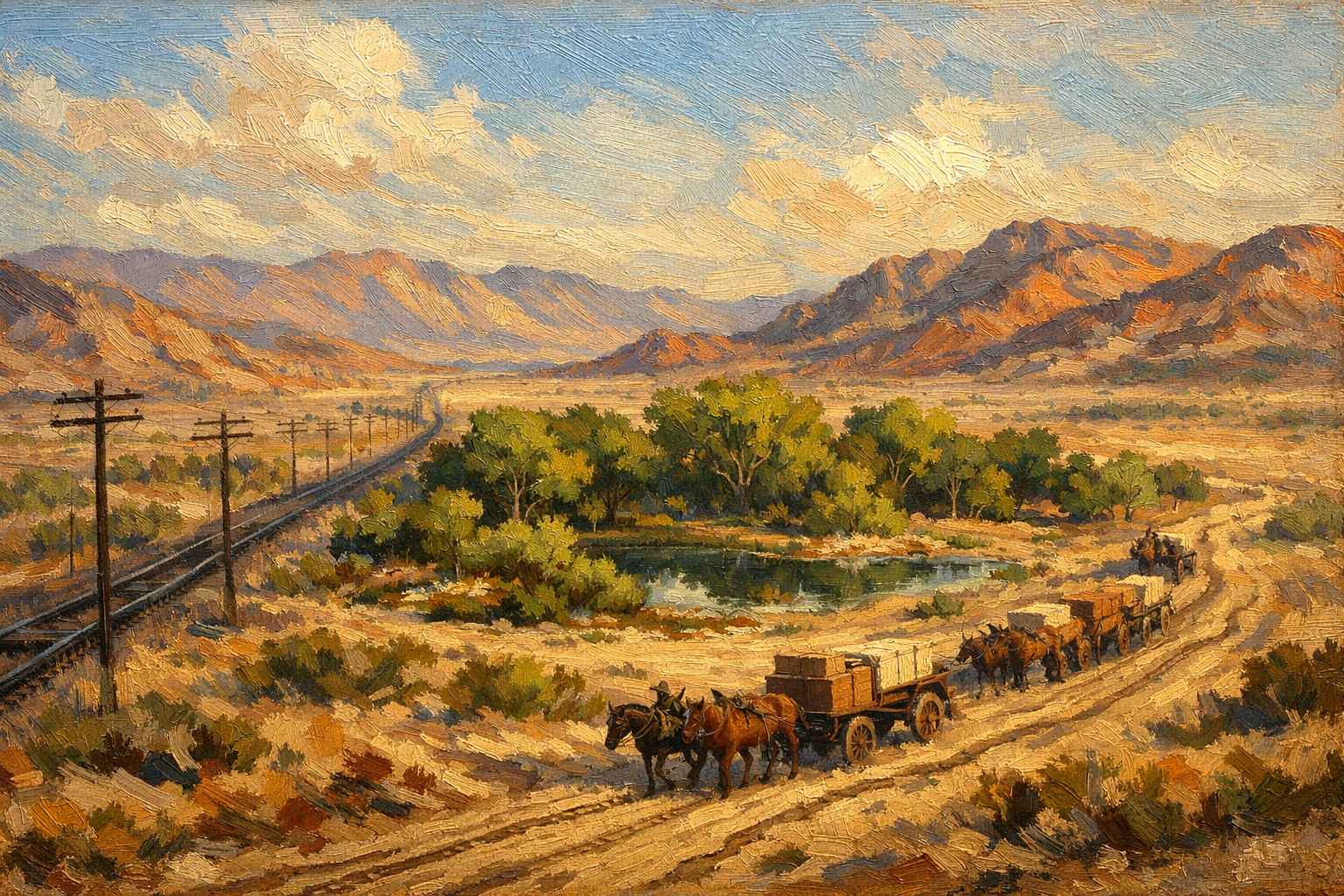 Wagon freight trains traveling along a desert road near the Las Vegas Springs in the nineteenth century, with railroad tracks visible nearby.