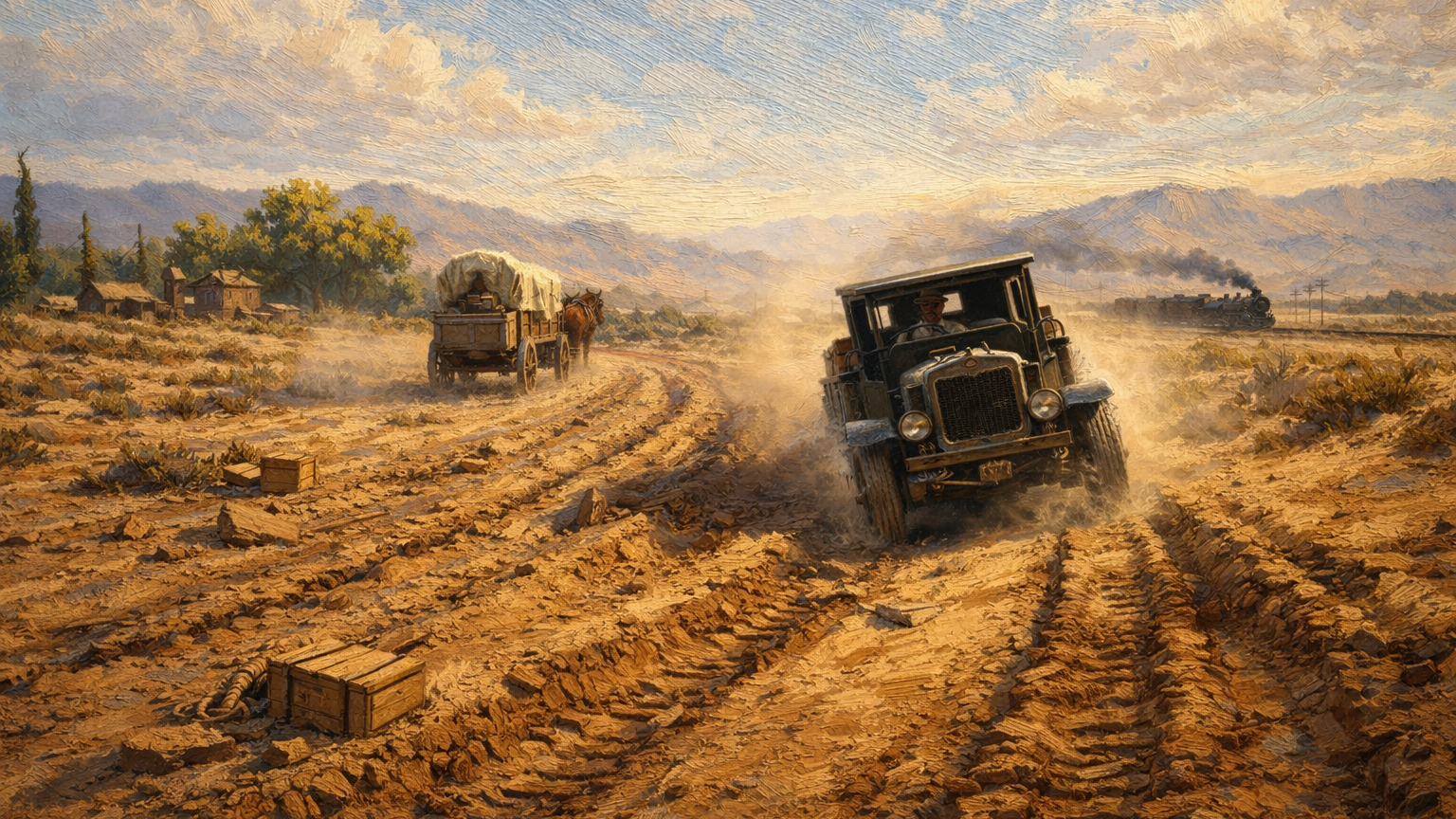 Early motor truck and mule-drawn freight wagon traveling the same rutted desert road near Las Vegas Springs, with a steam train in the background