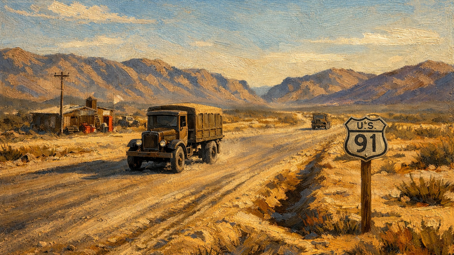 Early U.S. Route 91 in the desert near Las Vegas, showing a rough graded dirt road with ruts and loose sand, a freight truck traveling along the corridor, and distant mountains under clear Mojave light.