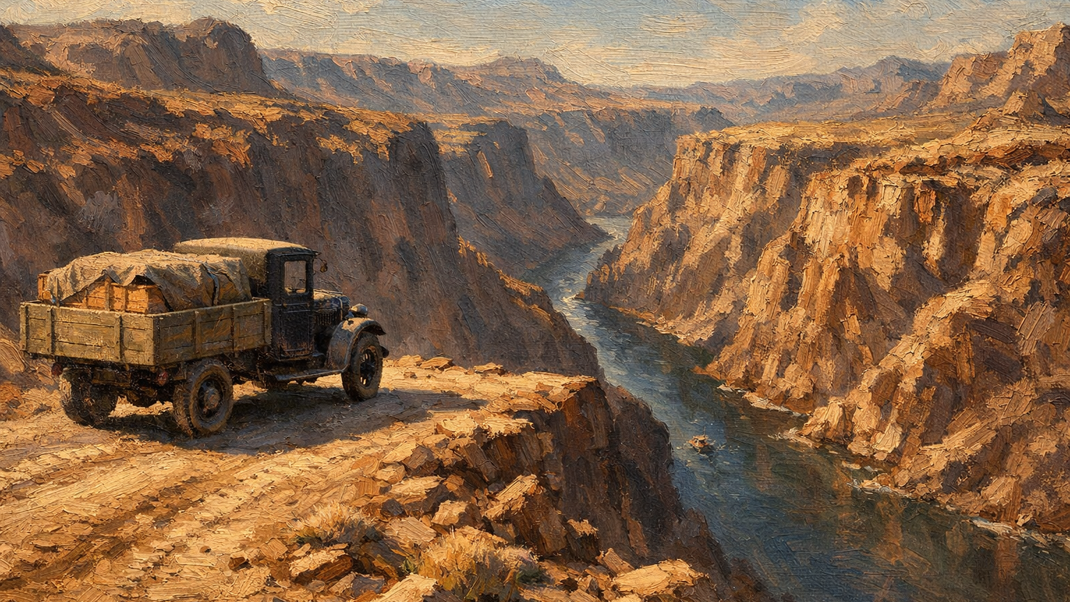Early 1930s freight truck stopped at the edge of the Colorado River canyon with no bridge crossing.