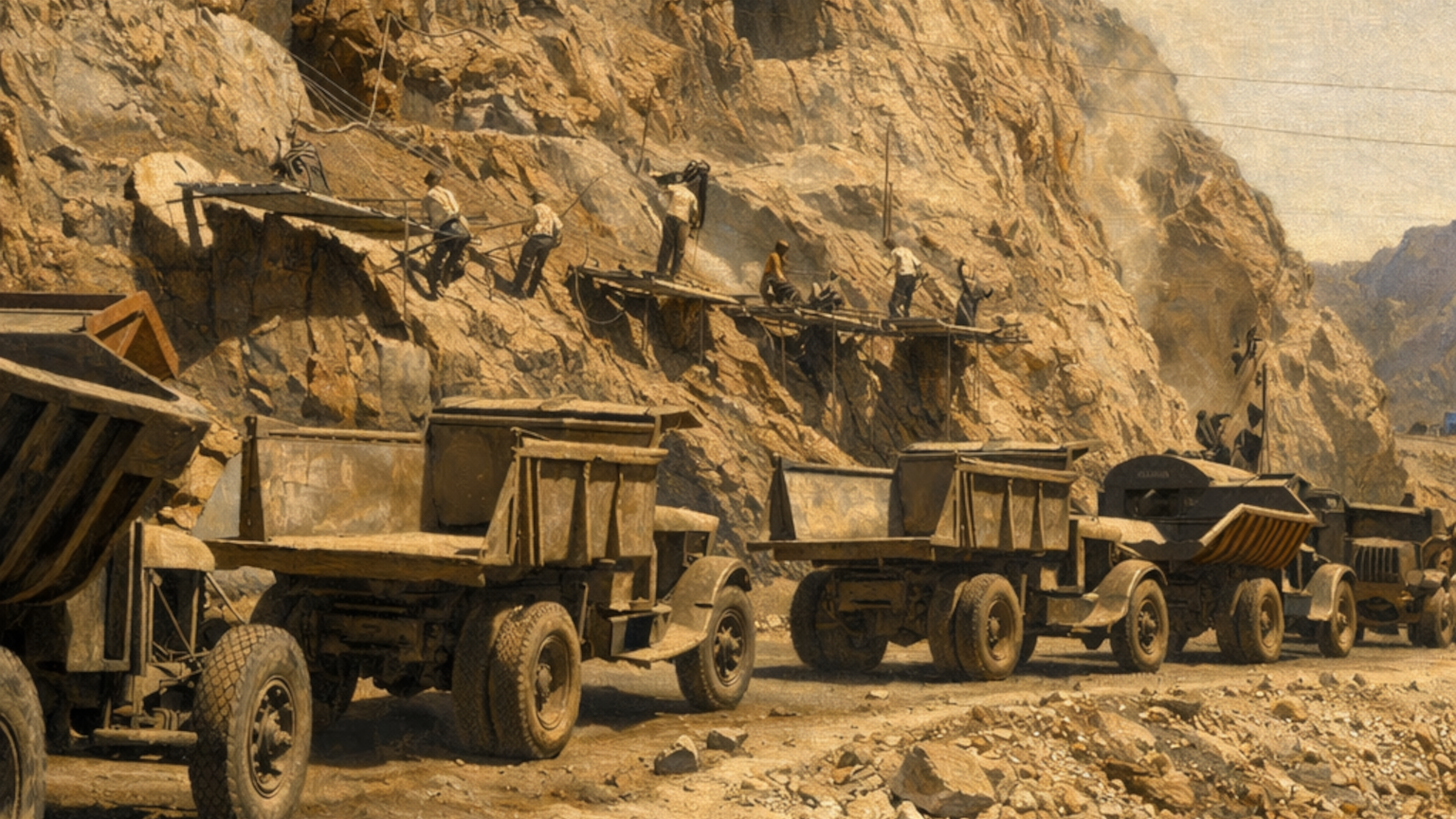 Early 1930s freight trucks moving single-file along a narrow canyon road at Hoover Dam construction, with workers on the rock face above