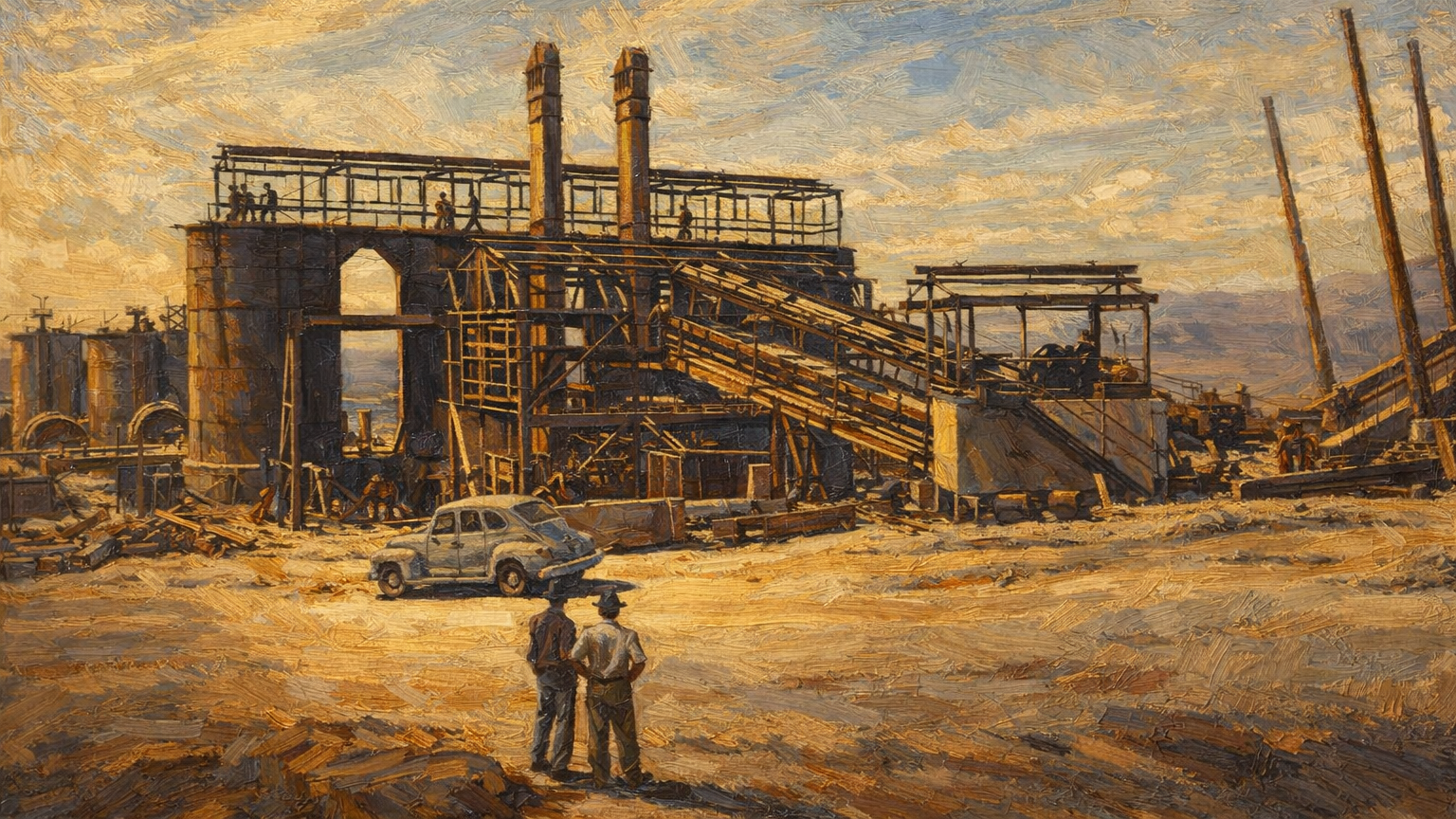 Painterly image of the early Basic Magnesium Plant near Las Vegas, with unfinished industrial structures, conveyors, tanks, workers, and two men standing in the foreground beneath a broad desert sky.