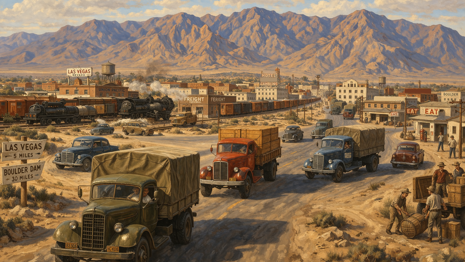 Painterly scene of 1940s trucks entering Las Vegas from a desert highway toward a low-rise town, rail yard, and branching streets, suggesting the east-side freight approach into the city.