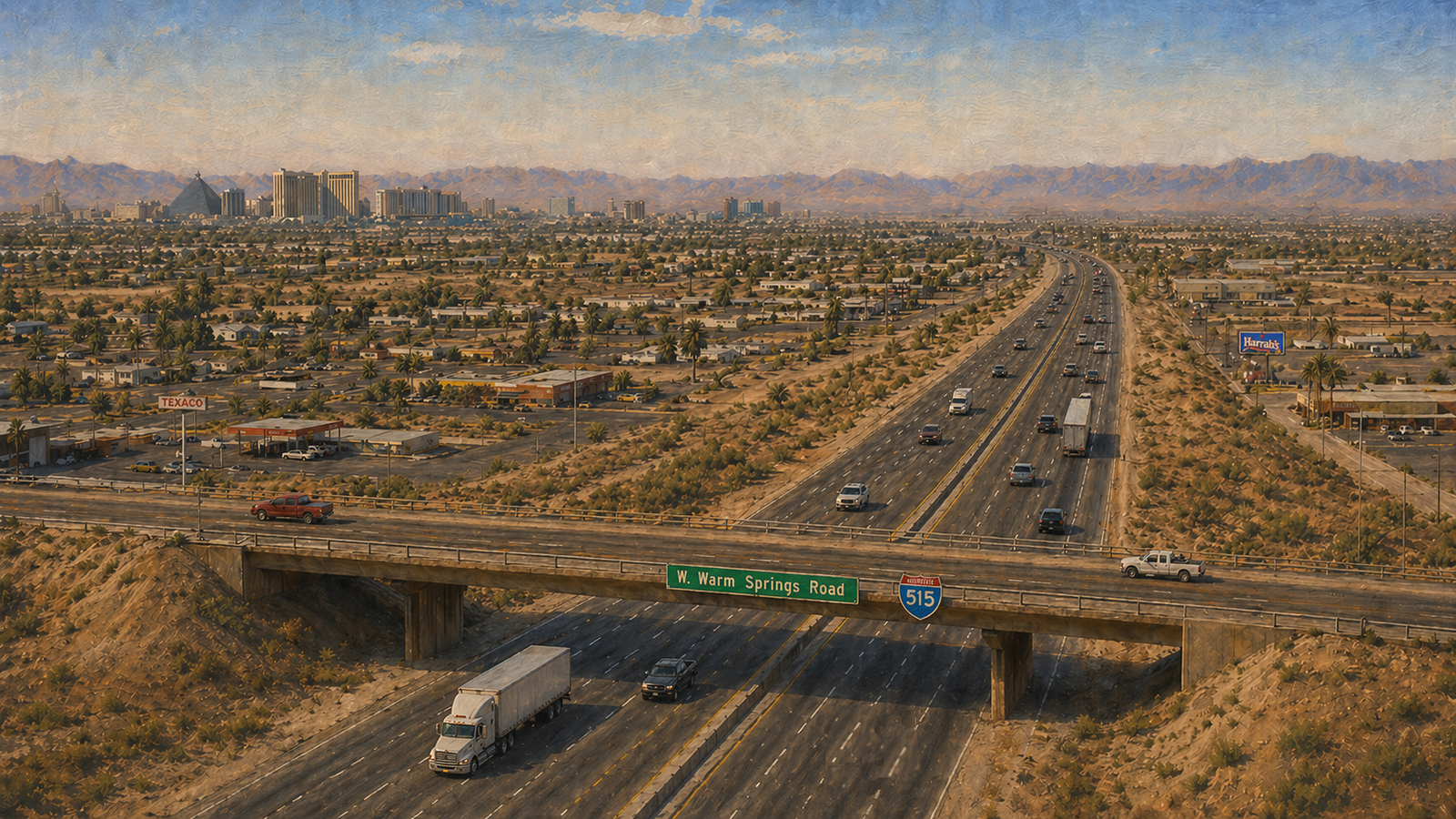 Painterly view of a divided freeway carrying truck traffic past the Las Vegas skyline, with an I-515 overpass at West Warm Springs Road in the foreground.