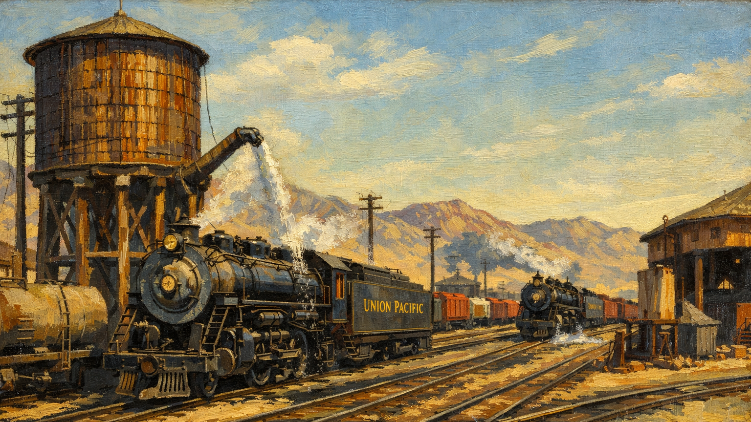 Railroad division yard in the desert with multiple freight tracks, locomotives, and service buildings representing the early twentieth-century rail corridor through Las Vegas.