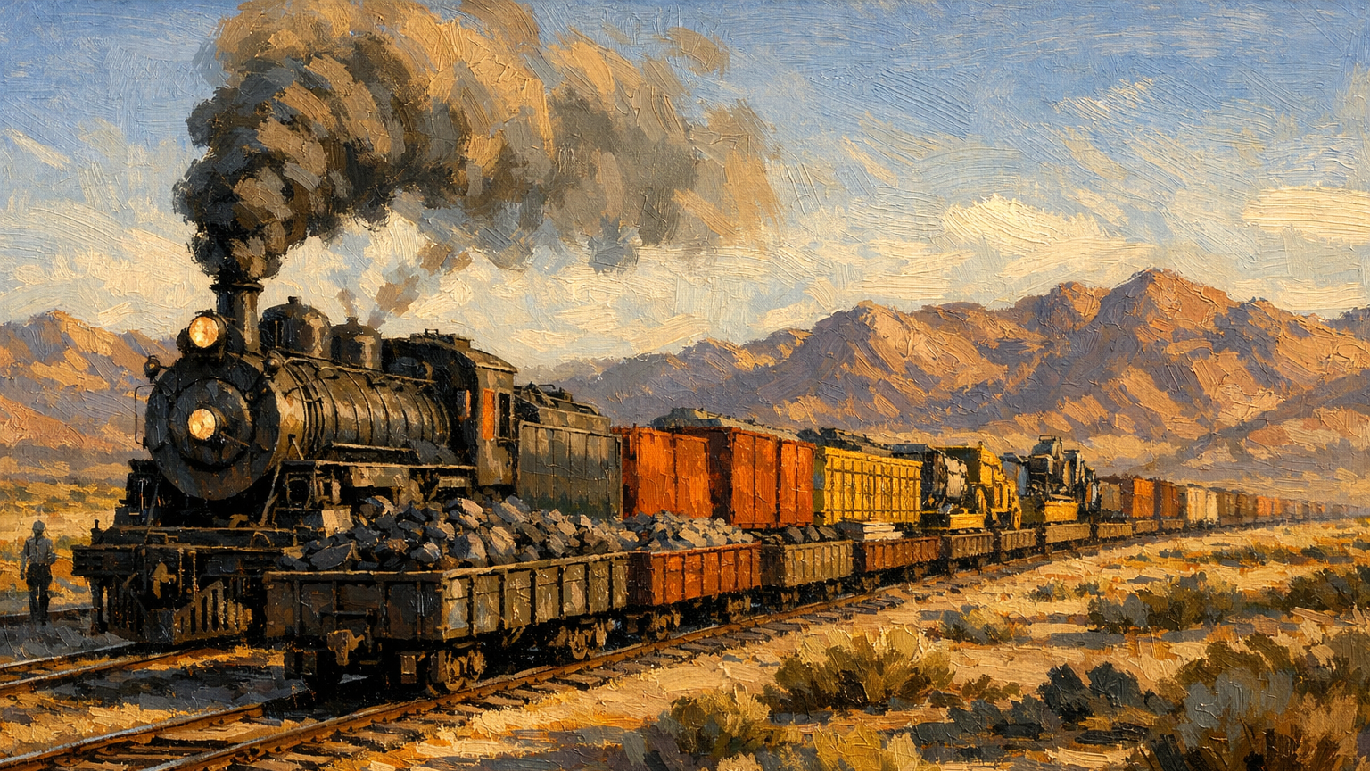 Steam freight train hauling mixed freight through the desert corridor near early Las Vegas