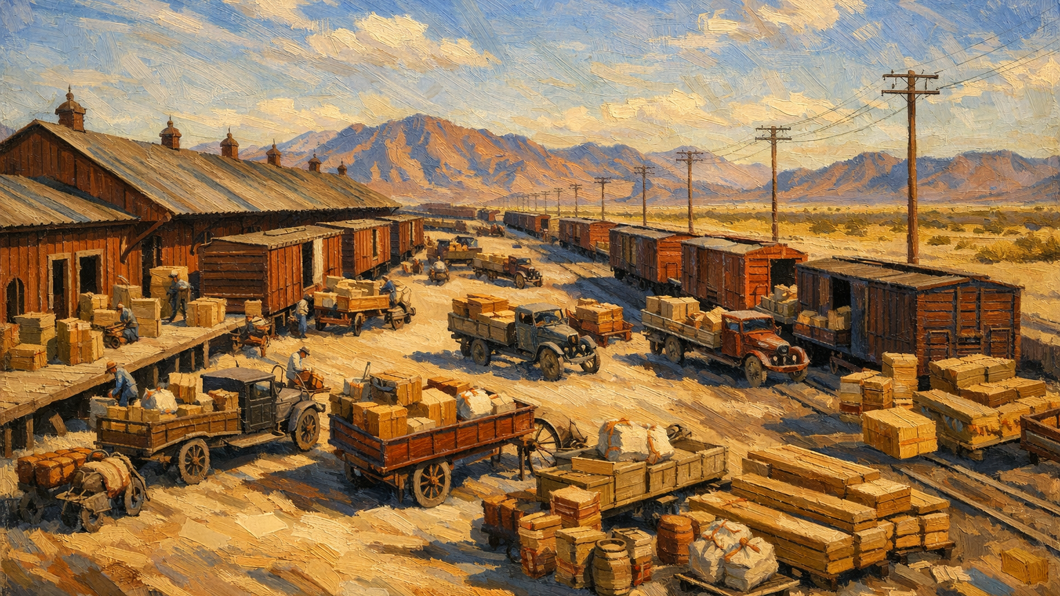 Early twentieth-century railroad freight house and team tracks in the Nevada desert, with boxcars being unloaded and cargo transferred to wagons and early trucks.