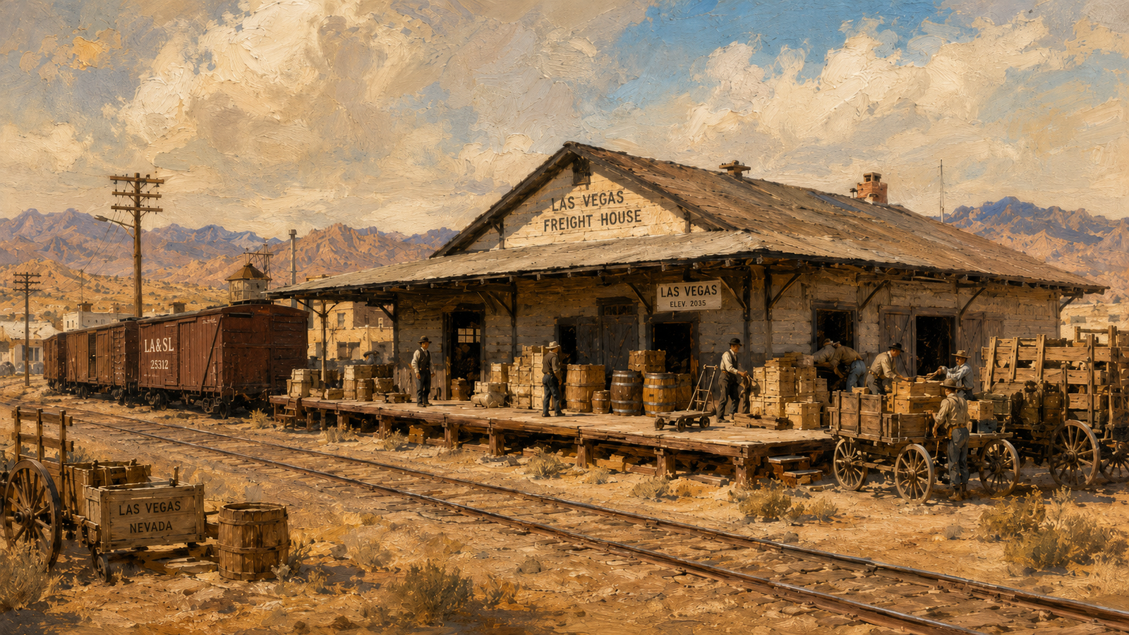 Painterly oil painting of an early twentieth-century railroad freight house in the Nevada desert. A long, low wooden building with sliding doors faces a loading platform stacked with wooden crates and barrels. Workers in period clothing move freight betwe