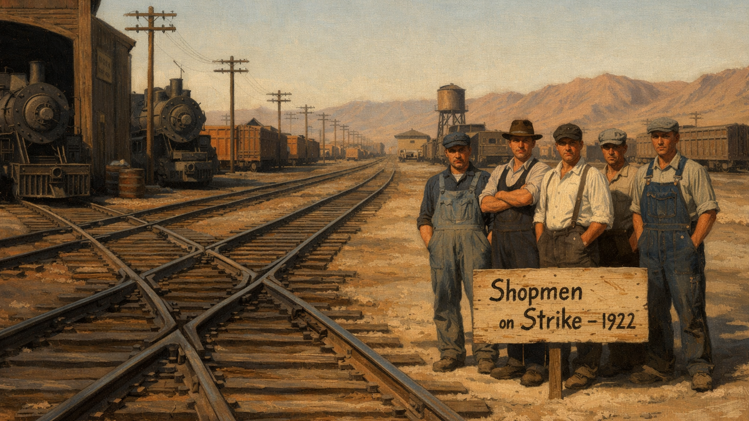 Railroad workers standing on strike beside idle steam locomotives in a Southwestern division point yard, 1922